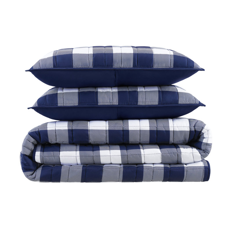 Microfiber Quilt Set, Twin Extra Long, Navy/White
