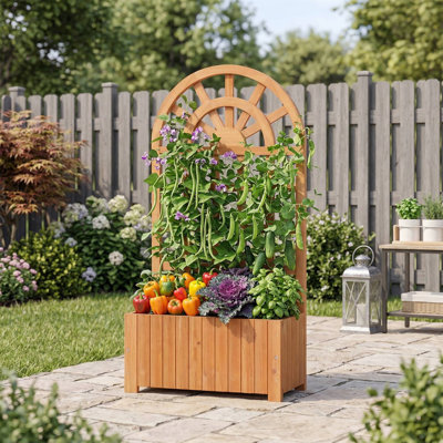 Weather-Resistant Natural Solid Fir Wood 48-Inch Raised Garden Bed With Integrated Climbing Lattice Trellis & Outdoor Privacy Screen Divider