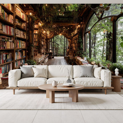Papiers peints et adhésifs magiques inspirés de la bibliothèque dans une cabane dans les arbres, Éclairage chaleureux, peintures murales vertes, H 100 po x l 144 po, papier mural amovible en PVC, auto-adhésif, pour chambre à coucher, bureau à domic