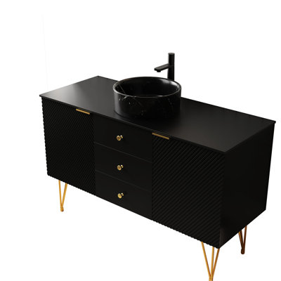 48" Bathroom Vanity, Black Stone Pattern Bowl Ceramic Vessel Sink, Gold Legs, 3 Drawer Storage, 2 Open Compartments, Sintered Countertop, Multi - Layer Plywood Cabinet, And Stain Sink Toned Metal