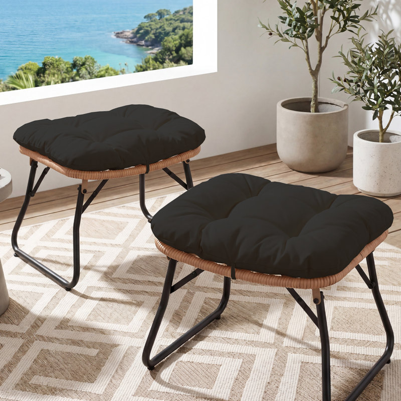 Repose-pieds d'extérieur en osier avec coussin Kacyn (ensemble de 2), Noir, 2