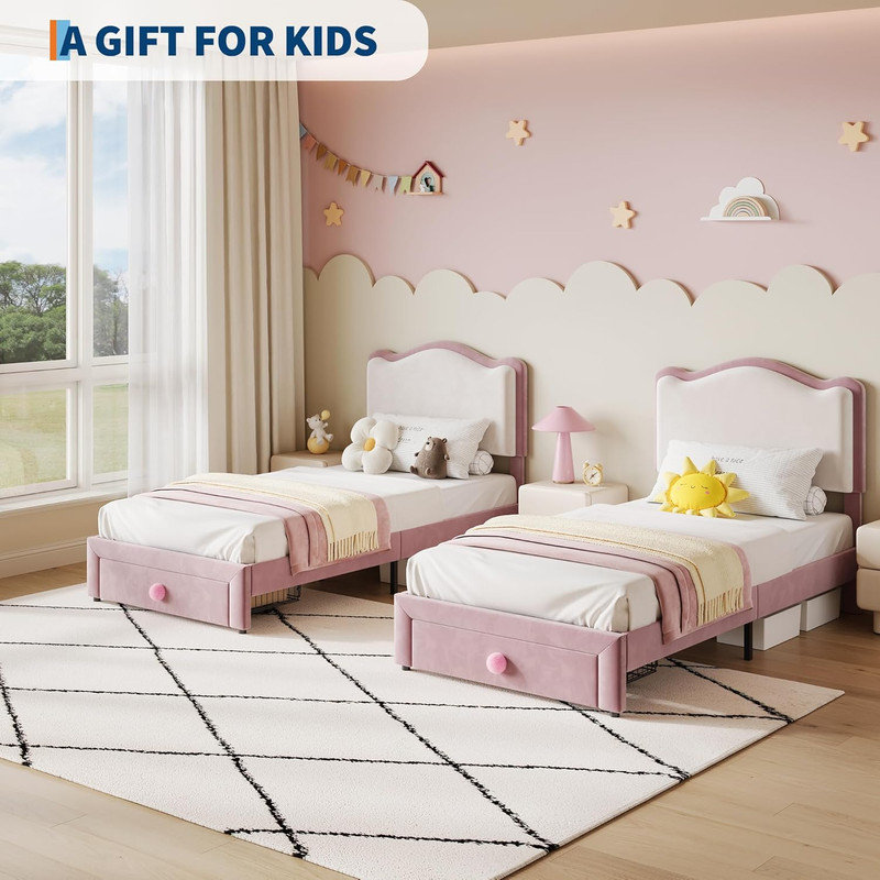 Upholstered Twin Bed Frame with Storage Drawer & Scallop Headboard, Princess Twin Size Platform Bed Frames for Kids Girls, Wooden Slats Support, No Box Spring Needed
