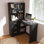 Bureau d'ordinateur d'angle en L avec armoires en verre, lumières DEL, ports USB et conception ergonomique pour la maison et le bureau