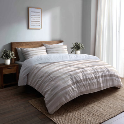 Ensemble de literie moderne 3 pièces - Ensemble de housse de couette et de coussin rayé gris et blanc