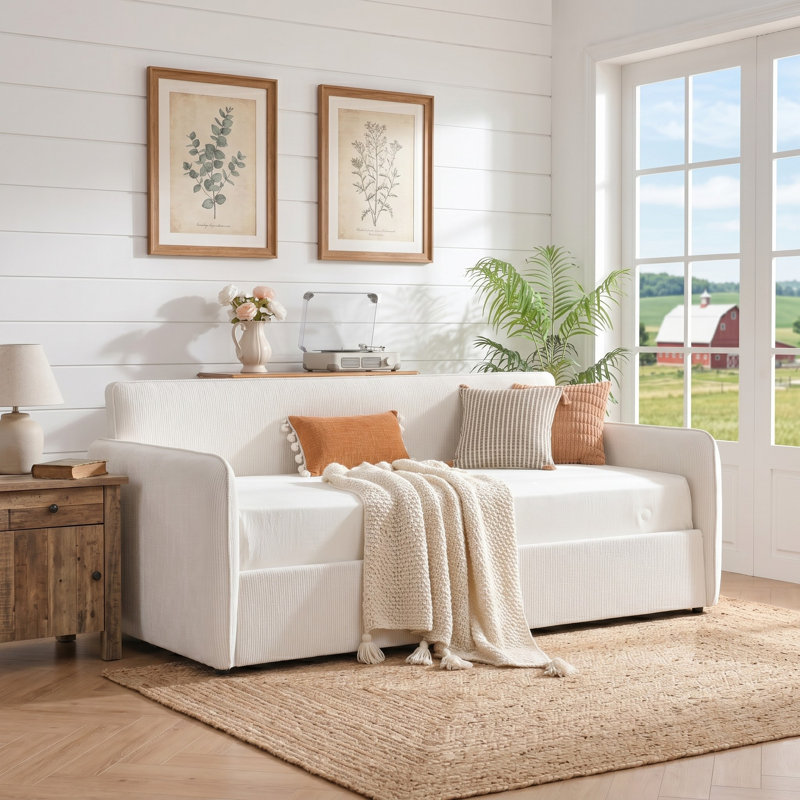 Modern Linen Daybed With Pneumatic Lift-Up Storage, No Box Spring Needed, Cream, Cream