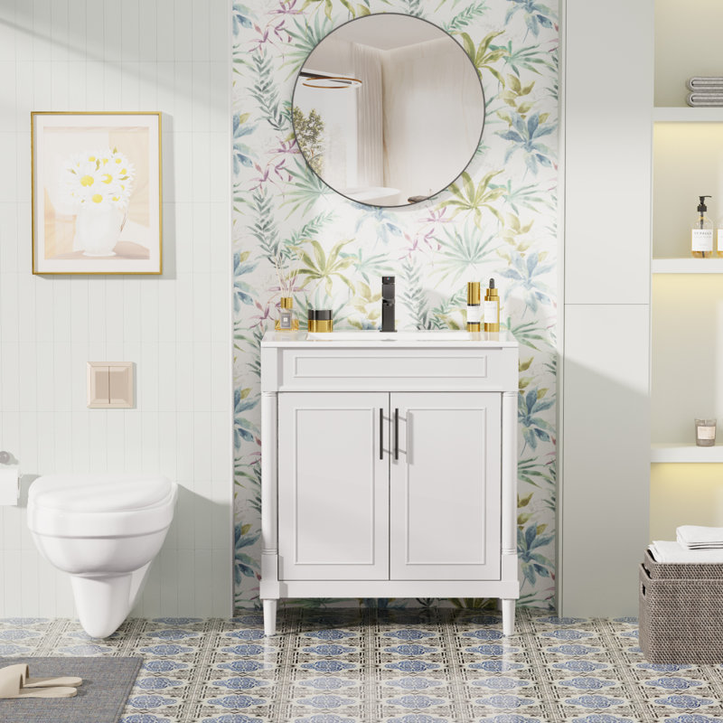 Everarda 30" Freestanding Bathroom Vanity Set with Sink Top, Faucet, Hand Painted, White