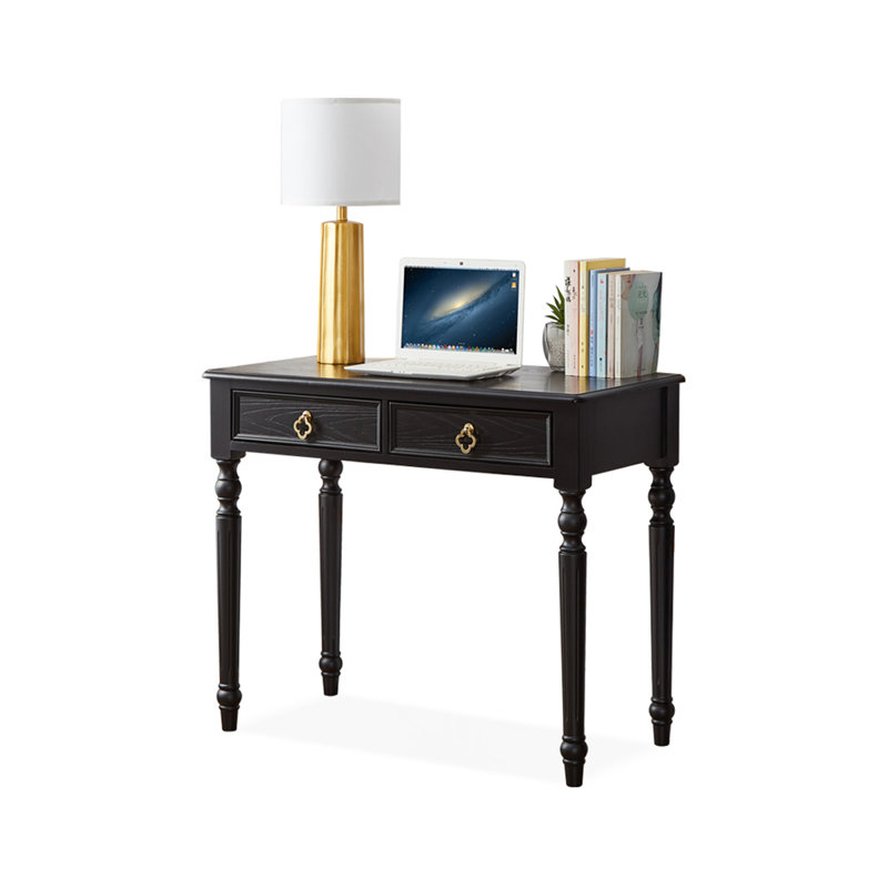 Bureau d'écriture rectangulaire en bois massif noir avec 2 tiroirs, H 29,92 po x l 31,50 po x P 19,69 po