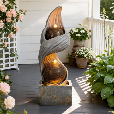 42.9" H Large Indoor Water Hanaleigh - Elegant Modern Water Feature With Sphere - Waterfall Fountain For Indoor Or Outdoor With Led Lights And Pump For Deck, Patio, Porch, Garden, Yard Decor