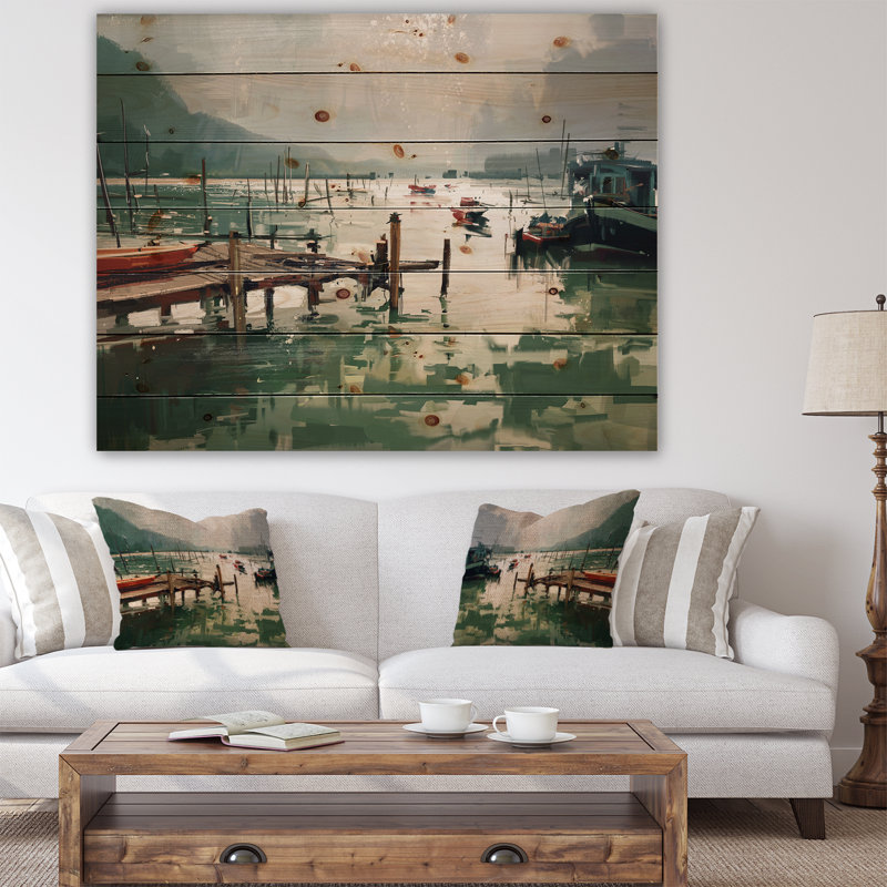 «Jetty and Fishing Bateaux at Harbor», impression, H 15 po x l 20 po x P 1 po, Bois