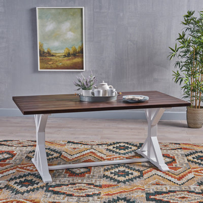  Table de salle à manger de style campagnard, table de patio extérieur durable, plateau en bois résistant aux intempéries avec base blanche robuste, parfait pour la décoration de meubles de jardin et de patio, naturel