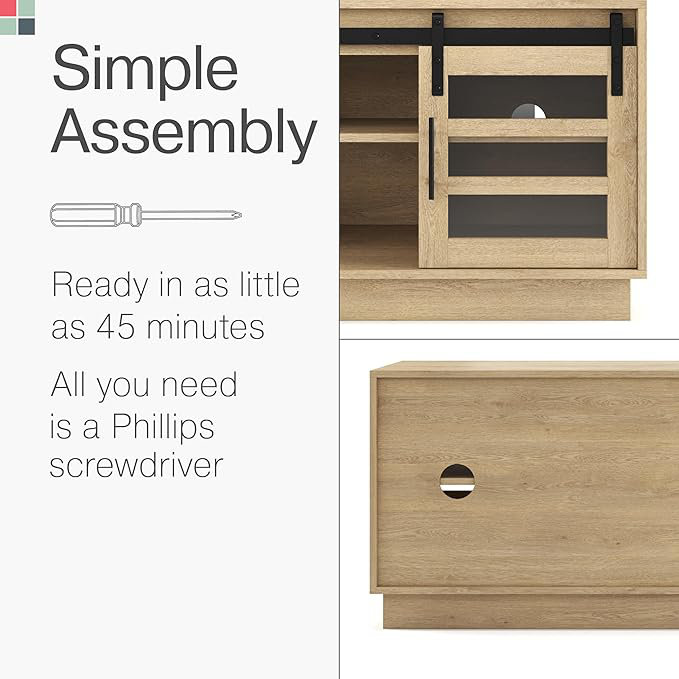 58" Modern Barn Door TV Stand, Oak Wood