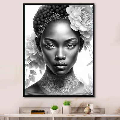 Elika, princesse africaine monochrome avec fleur blanche sur toile