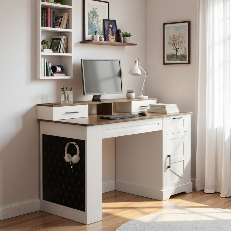 Bureau de ferme avec armoire de rangement, station de charge, porte de grange, plateau à clavier, support pour écran et panneau perforé
