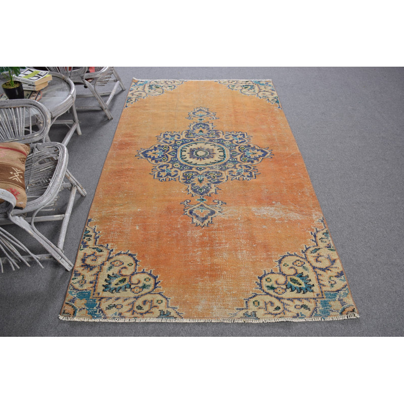 Vintage Turkish Oushak Rug with Medallion Design in Vibrant Orange for Kitchen Decor