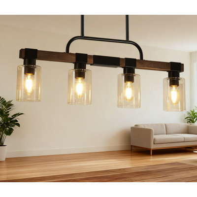 Farmhouse Chandelier Pendant Light Fixture, 4-Light Wood And Black Metal Kitchen Island Lighting With Clear Glass Shades For Dining Room