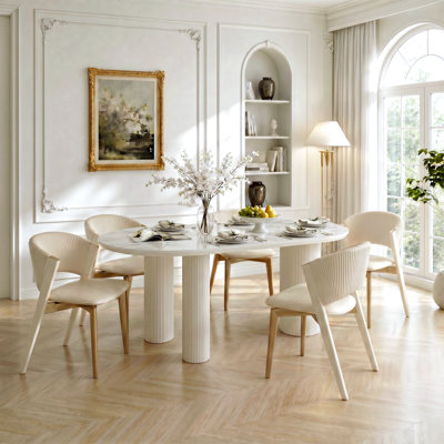 Table de salle à manger 63 "ovale crème avec plateau en pierre frittée brillante et base en bois cannelé