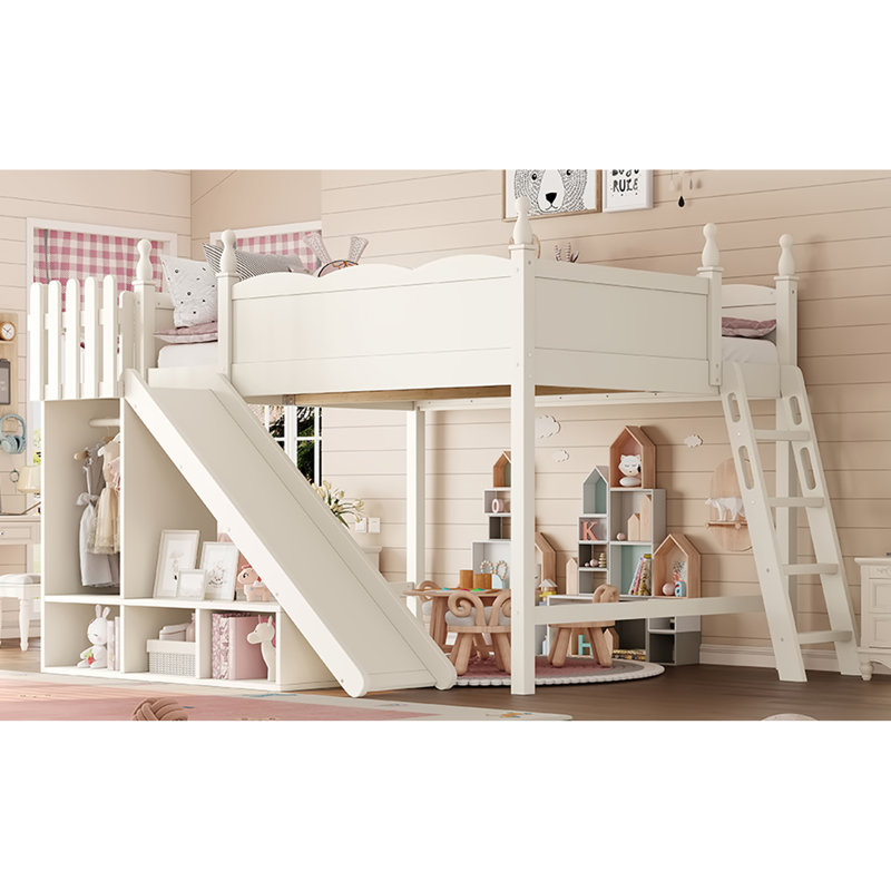 Grand lit mezzanine avec tablettes de rangement et garde-robe, lits mezzanine en bois massif avec glissières et échelles amovibles, aucune boîte à ressorts nécessaire (protection par brevet)