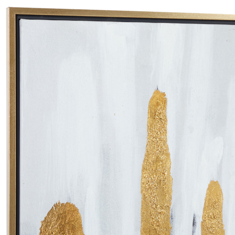 Toile carrée à rayures abstraites carrées dorées et grises avec cadre en métal doré, 40 po x 40 po - Peinture sur toile flottante