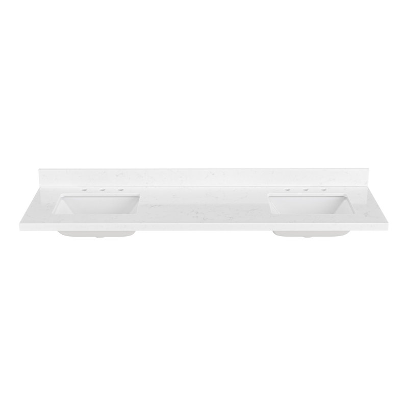 ARIEL 72 INCH CARRARA WHITE QUARTZ BATHROOM VANITY COUNTERTOP 1.5 INCH THICK MITER EDGE WITH RECTANGLE DOUBLE SINK AND INCLUDES BACKSPLASH