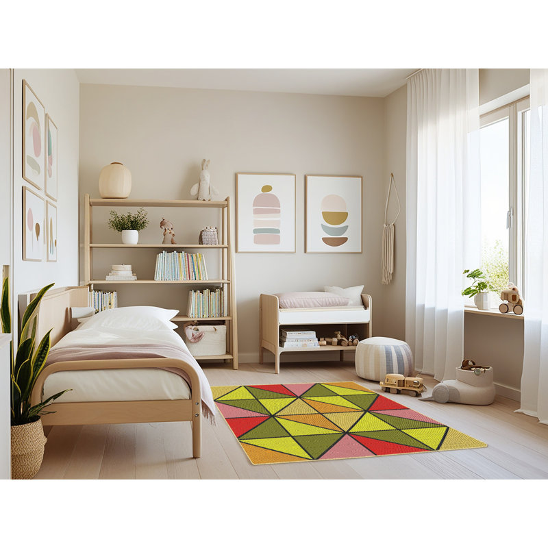Tapis vert/jaune/rouge à motifs, Rectangle 3 pi x 5 pi