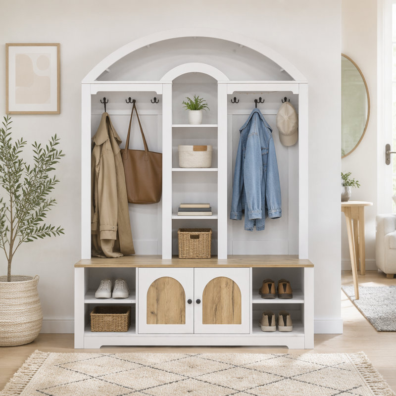 Armoire / vestibule multifonctionnelle, vestibule, Blanc + noyer