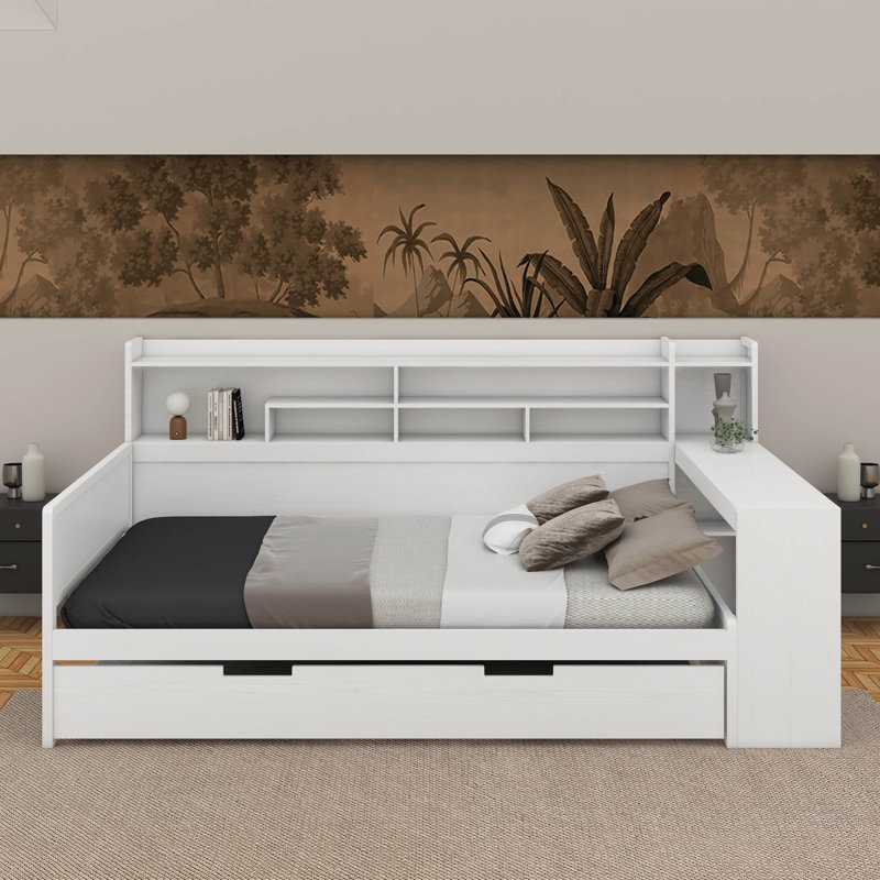 Lit de jour double avec tablettes, lit gigogne et bureau, Blanc antique