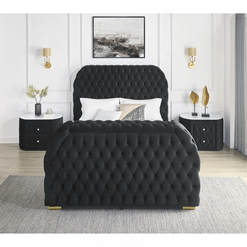 1Pc Oval Faux Marble Top Nightstand 2- Drawers Storage Black Finish Button Tufted Faux Crystal Tufted, Black