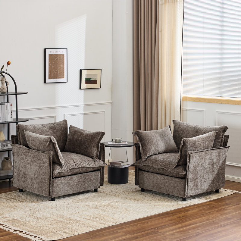 2pcs Chenille Upholstered Skirted Arm Chair Accent Chair With Thin Arms For Living Room, Dark Brown