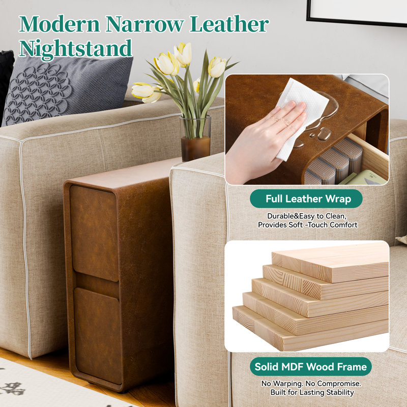 7.8" Wide Fully-Assembled Faux Leather Narrow Nightstand, Brown, Individual