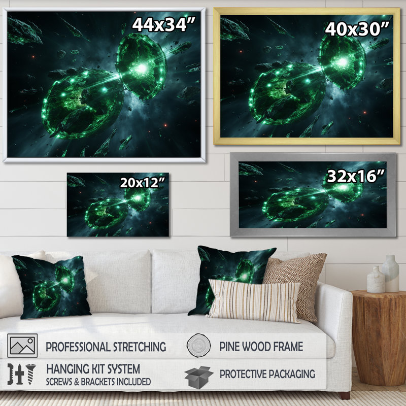 «Green and White Cosmos Explosion I», art mural de la planète espace, H 44 po x l 34 po x P 1,5 po, Toile tendue
