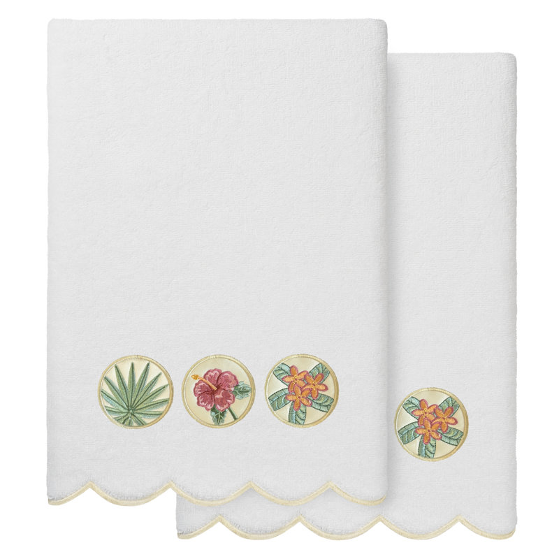  100% Turkish Cotton MAUI Scallop 2PC Embellished Bath Towel Set, Bath Towels - 2 Pack, White/Beige
