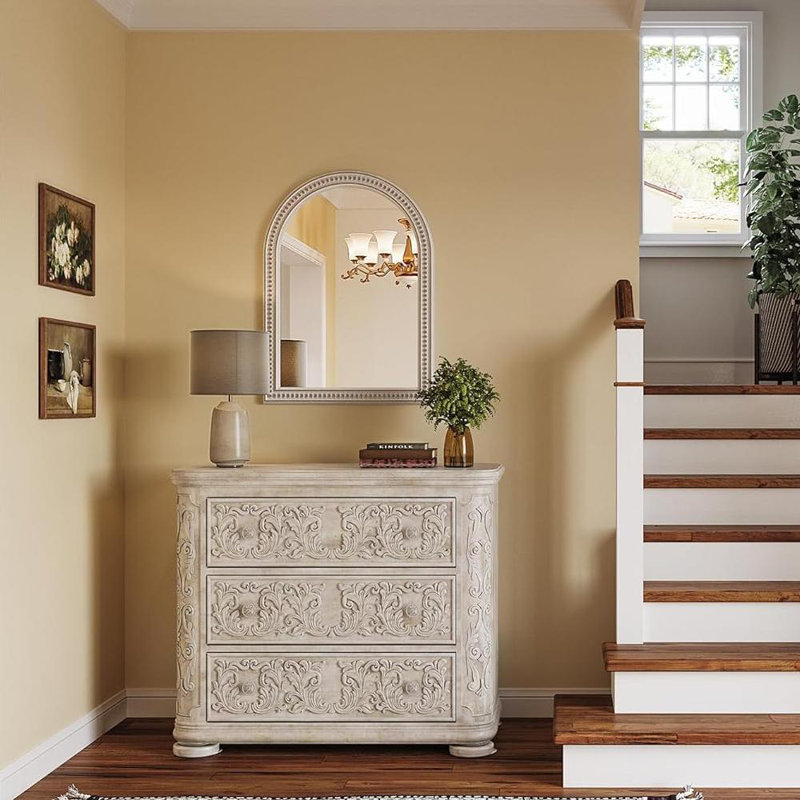  30''x22'' Arch Wall Mirror With Wood Beaded Frame, 30" x 22"