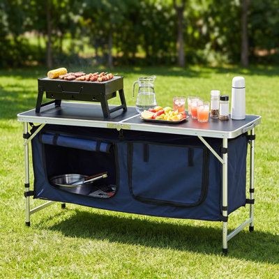 Camping Kitchen Table with 3 Adjustable Heights & Storage Compartment, Portable Folding Outdoor Cook Station with Carry Handle, Aluminum BBQ Prep Table for RV Travel, Picnic, Family Party, Blue
