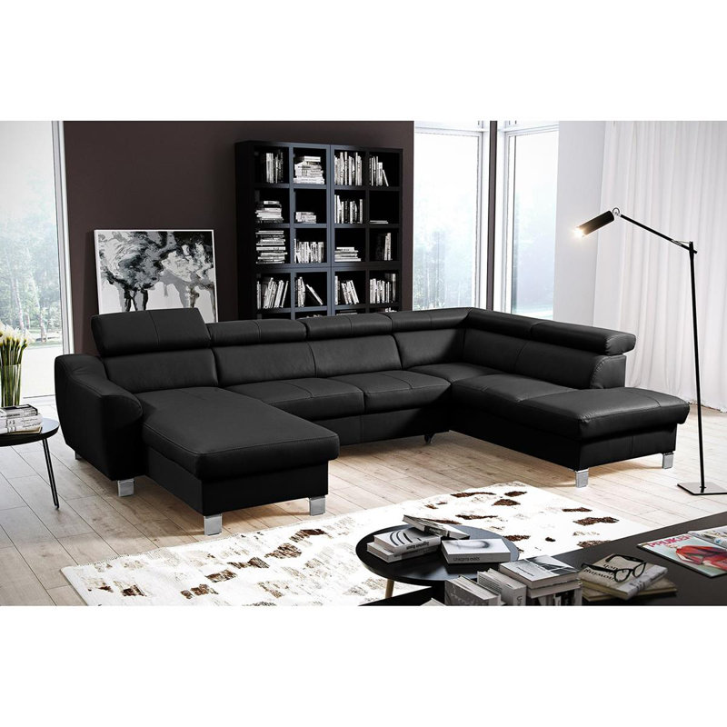 Avais Leather Large Corner Sofa in U-form, Yes, Black, Right Hand Facing