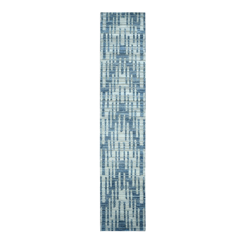 2'6x12'3" Blue Pure Silk and Textured Wool Zigzag with Graph Design Hand Knotted Runner Rug