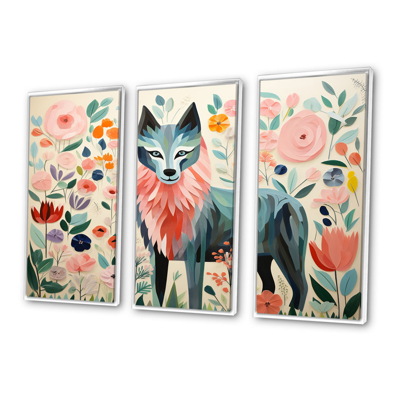 Rose et vert Boho Portrait VI - loup, art mural, Cadre flottant blanc, H 32 po x l 48 po