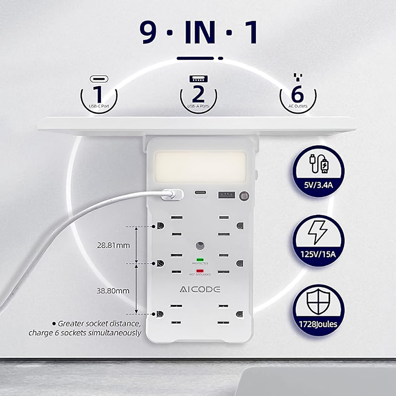 Extension de prise murale 9-en-1, 6 prises de courant alternatif, 2 ports USB, veilleuse et tablette pour la maison, le bureau