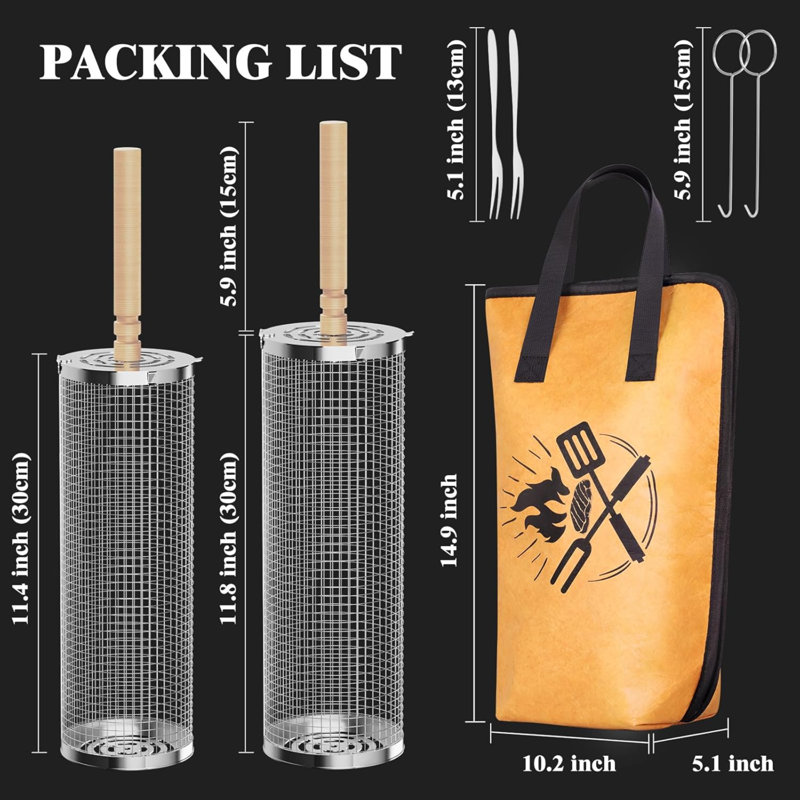 2 paniers de barbecue à roulettes pour les légumes de gril d'extérieur, couverture de barbecue pour la viande de repos, poignée en bois amovible en acier inoxydable 304, cadeaux pour accessoires pour hommes, mari, papa