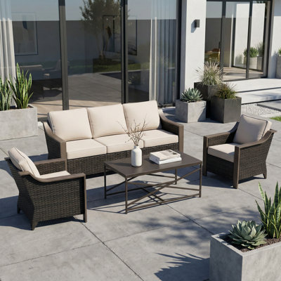 4-Piece Patio PE Wicker Conversation Set with Metal Coffee Table, 3-Seat Sofa, Chairs & Beige Cushions