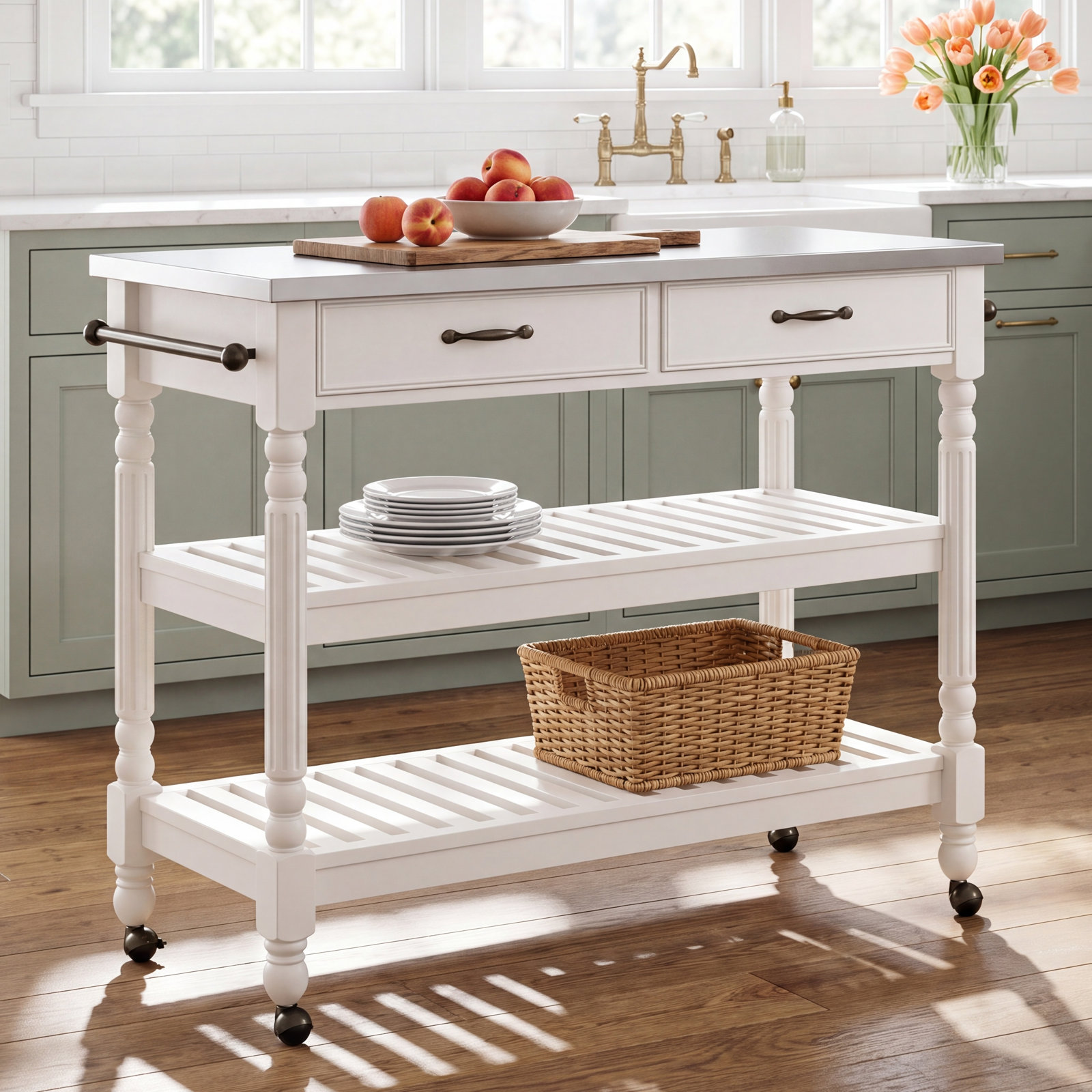 Dobbs 46.5 " W Kitchen Cart with Stainless Steel Top, Off-White