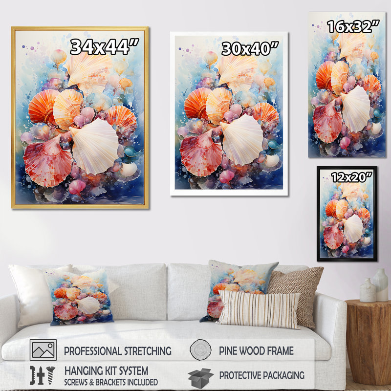 «Seashells Wonders On The Coast II», reproduction sur toile, H 32 po x l 16 po x P 1 po, Cadre flottant noir