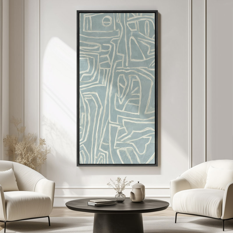 Light Blue Geometric Patterned Abstract - Large Framed Canvas Master Bedroom Wall Art Print, 60" H x 30" W x 1.5" D, Black