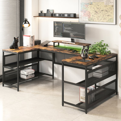 Bureau de jeu en forme de U avec tablette et éclairage DEL, idéal pour le télétravail, grand plateau, multiprise vintage en métal et bois, décoration, espace de travail, construction robuste