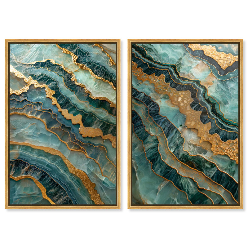 Ensemble de décorations géodésiques sur toile dorées par Art Remedy, cadre doré, 24 x 36, H 37 po x l 25 po, Encadrement doré