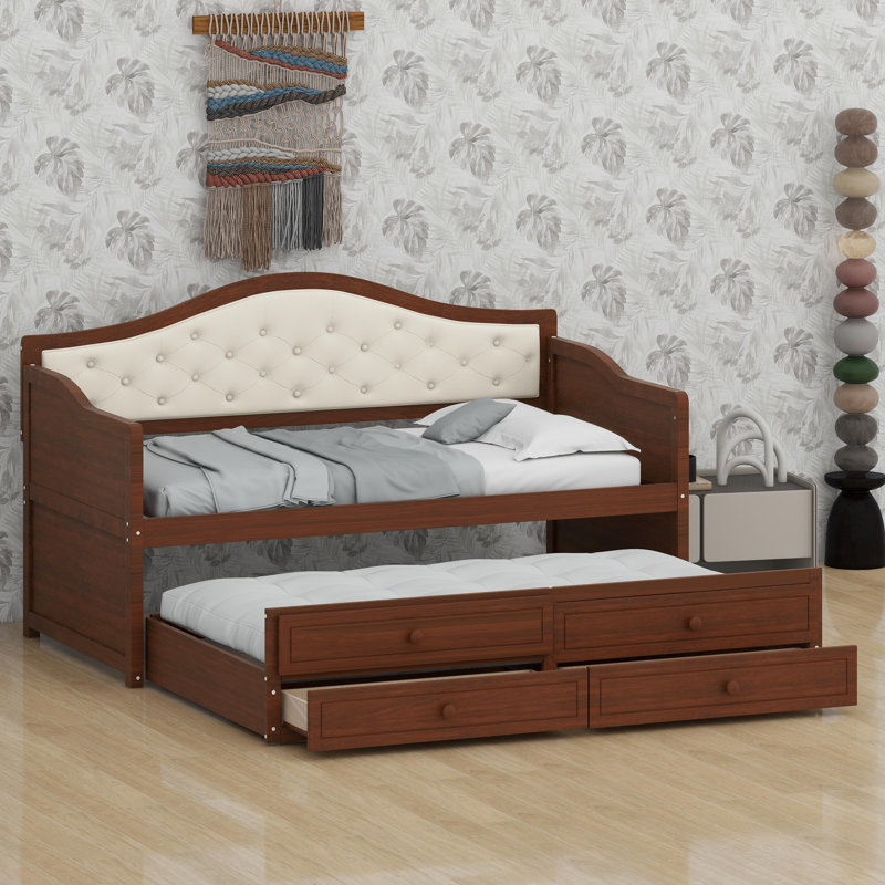 CanapÃ©-lit multifonctionnel avec lit gigogne, tiroirs de rangement et motif capitonnÃ© pour les espaces de vie, Walnut