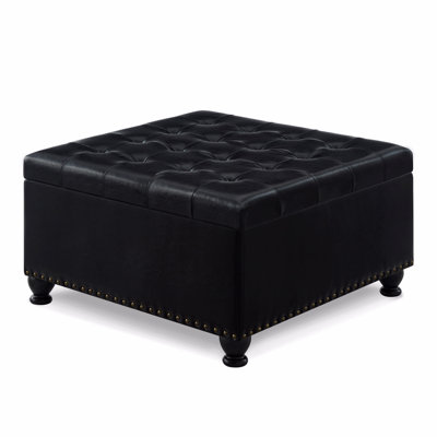Large Square Storage Ottoman With Wooden Legs, Upholstered Button Tufted Coffee Table With Nail Trims by Latitude Run