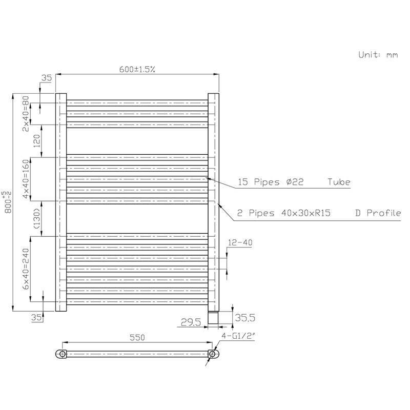 Straight Towel Rail Heated Towel Rails, 80 cm H x 60 cm W x 3 cm D, Chrome