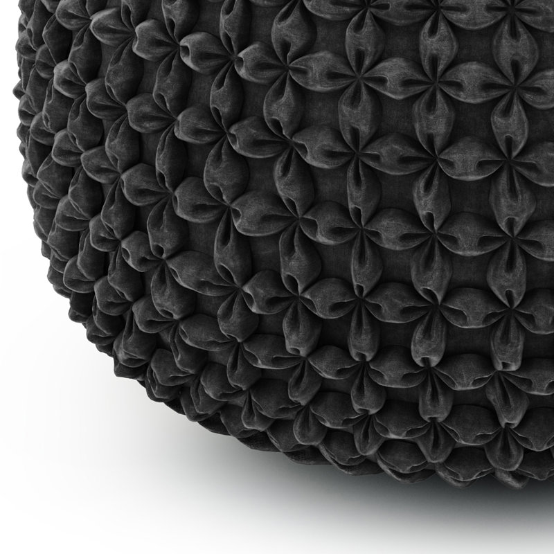 Renee 20"W Upholstered Velvet Boho Round Pouf in Slate Grey with Button-Tufted Pleated Design, Slate Gray