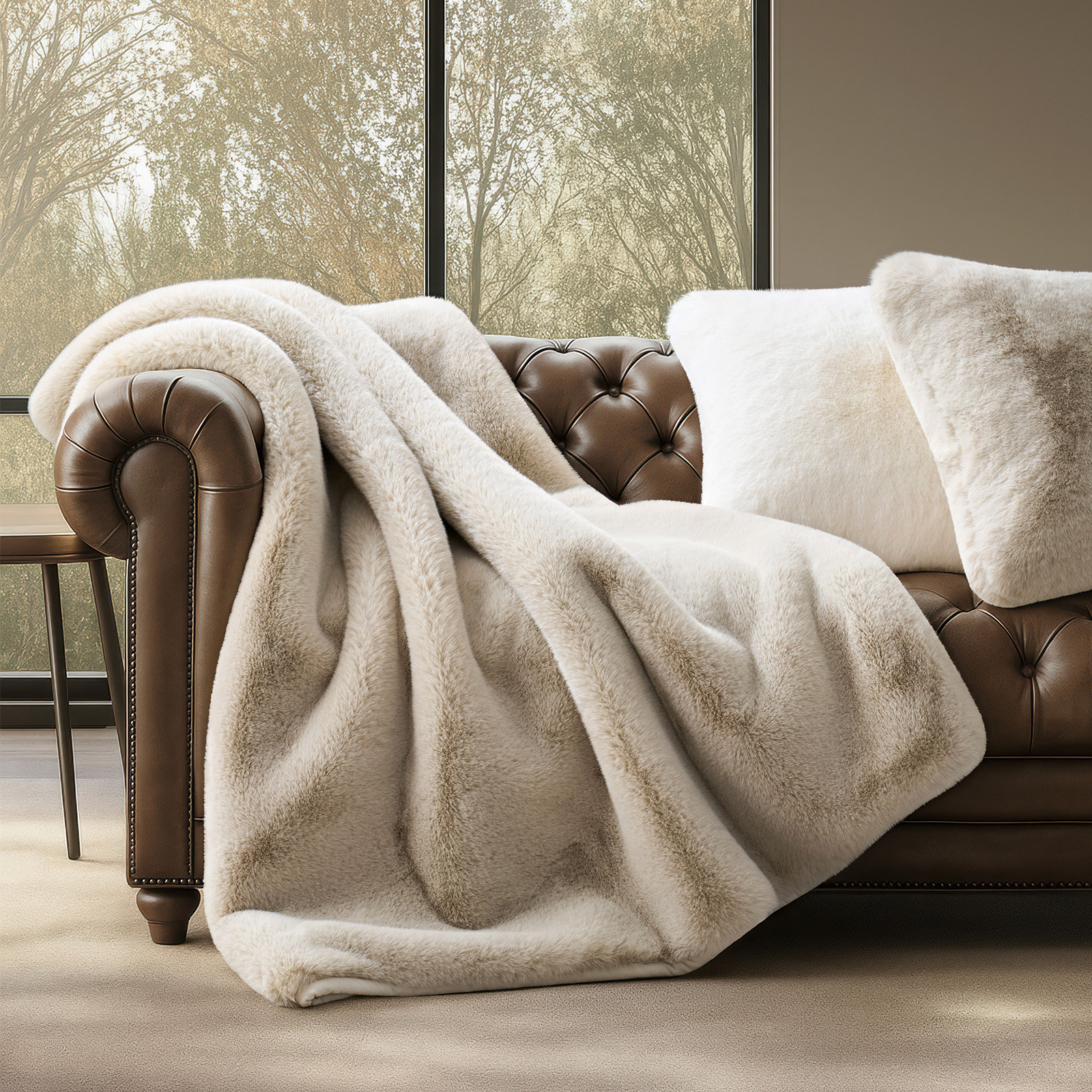 Chinchilla Faux Fur Throw Blanket, 60" L x 50" W, Birch Mink