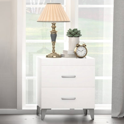 Table de chevet 2 tiroirs blanche pour la décoration de la chambre à coucher, pieds en métal et agencement en bois de peuplier, extension 3/4 avec glissière centrale, avant et arrière anglais, rangement à dimensions intérieures de tiroir de l 15 po x l 12 po x H 5 po